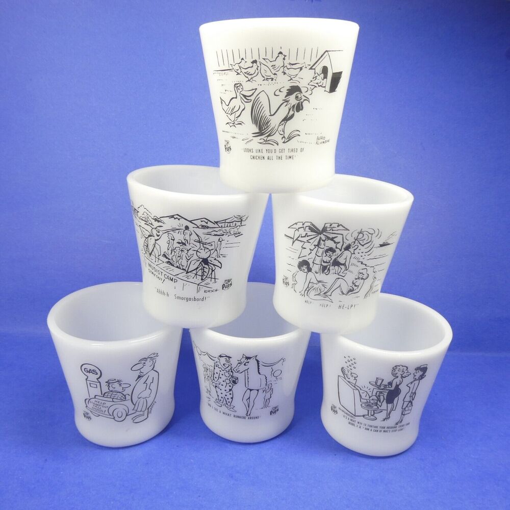 6 Glasbake Parts Pups Cartoon Comic Mugs White Milk Glass Vintage Coffee Cups